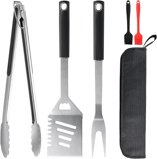 5PCS BBQ Tools Set, Heavy Duty Stainless Steel Grill Accessories with Spatula, Fork, Tongs & 2 Basting Brushes, Barbecue Utensils Kit with Carry Bag, Outdoor Grill Gifts for Dad Husband