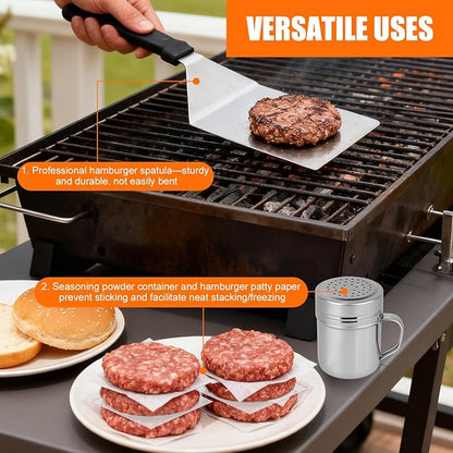 Flattened Burger Press Smash Kit, Includes Stainless Steel Smasher Plate Grill Spatula Seasoning Shaker & Hamburger Patty Papers Griddle Accessories Tools for Flat Top Grill BBQ & Outdoor Cooking