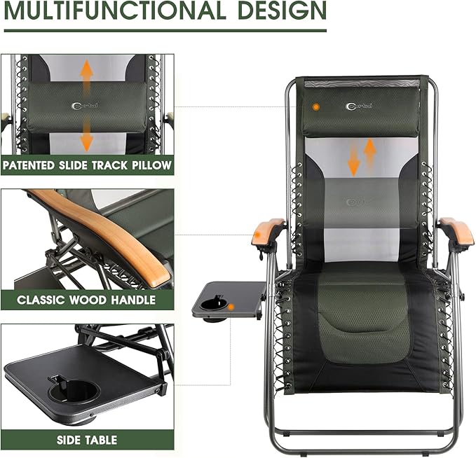 Portal Portable Zero Gravity Chair, Lounge Chair Outdoor Oversized Zero Gravity Chair Folding Lounge Chair with Adjustable Pillows and Cup Holder for Poolside Backyard and Lawn, Support 350lbs