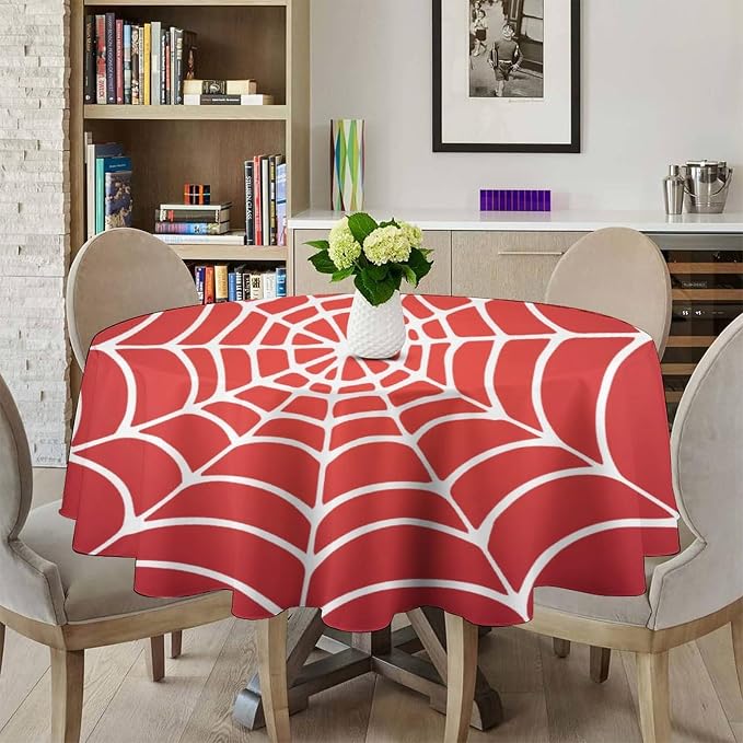 Spider Web Heros Tablecloth, White Spiderweb Red Cobweb Water Resistant Wipeable Table Cover for Picnic Party Holiday Kitchen Dinner Table 50"