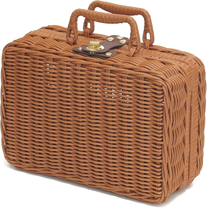 Wicker Picnic Basket, Decorative Prop Suitcase Vintage Storage Hamper Makeup Organizer, Metal Lock Rattan Storage Box with Handles for Sundries Travel Camping and Outdoor Party (Brown, M)