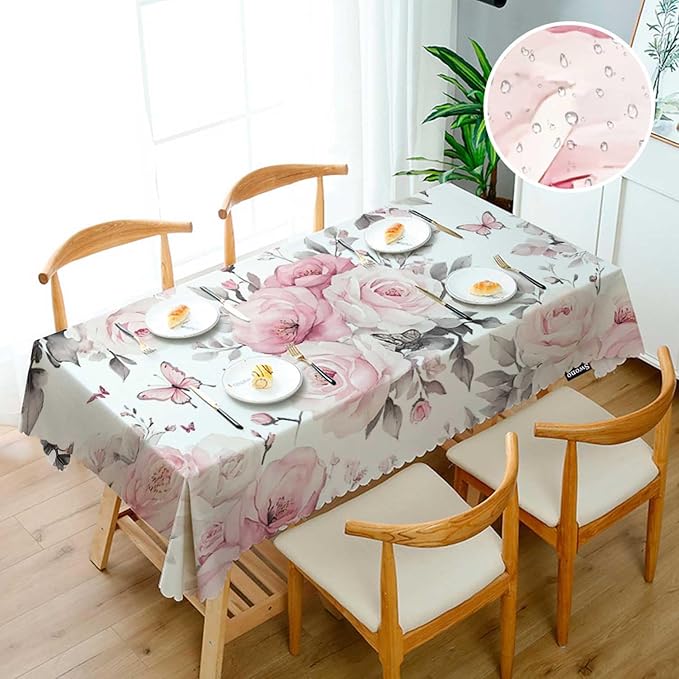 Swono Rectangle Tablecloth Rose Table Cover 52x70 Inch Watercolor Pink Flowers Roses and Leaves Heavy Duty Table Cloth for Rectangle Tables Decorative Tablecloth for Dining Party Camping BBQ