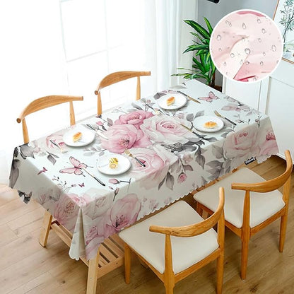Swono Rectangle Tablecloth Rose Table Cover 52x70 Inch Watercolor Pink Flowers Roses and Leaves Heavy Duty Table Cloth for Rectangle Tables Decorative Tablecloth for Dining Party Camping BBQ
