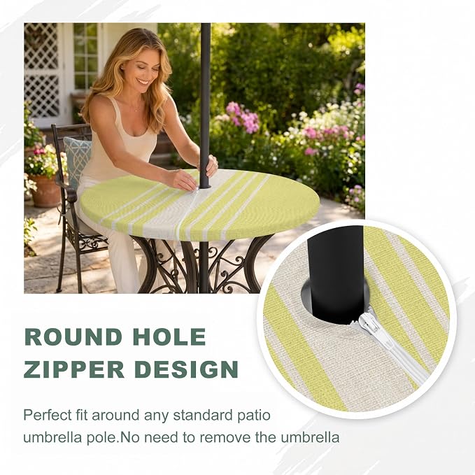 Outdoor Fitted Tablecloth with Umbrella Hole and Zipper, Yellow Beige Striped Elastic Round Patio Table Cover, Farmhouse Retro Lines Modern Windproof Table Protector for Backyard BBQ Party 55''-60''