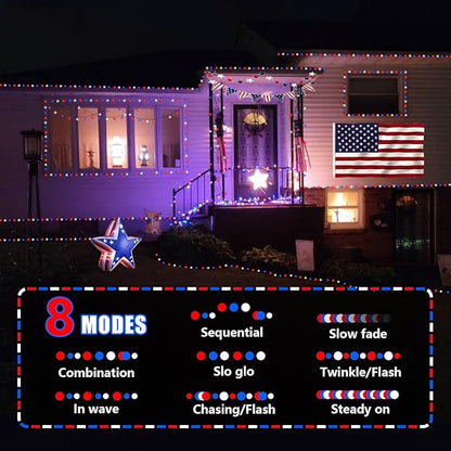 YEGUO Red White and Blue String Lights, 66ft 200 LED 4th of July Lights Outdoor Waterproof, 8 Modes Green Wire Patriotic Lights Plug in for Indoor Independence Memorial Day