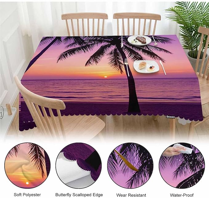 Decorative Rectangle Tablecloth 52"X70" Beach Sunset, Paradise Beach Palm Trees Sunset Wrinkle Free Table Cover Picnic Table Cloths for Parties Weddings Kitchen Tablecloth Purple