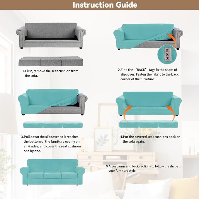 WEERRW 4 Pieces Couch Cover for Sofa Velvet Sofa Covers Washable, Aqua | Sofa Covers for 3 Cushion Couch Furniture Protector Sofa Slipcovers with Non Slip Elastic Bottom, Pet Friendly, Large