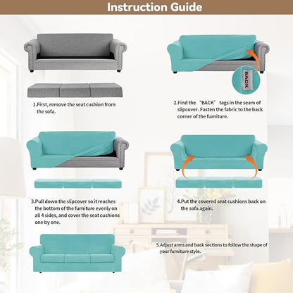 WEERRW 4 Pieces Couch Cover for Sofa Velvet Sofa Covers Washable, Aqua | Sofa Covers for 3 Cushion Couch Furniture Protector Sofa Slipcovers with Non Slip Elastic Bottom, Pet Friendly, Large