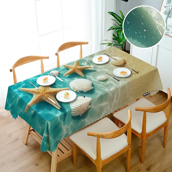 Swono 52x70 Inch Ocean Beach Tablecloth Summer Starfish and Seashell Ocean Sea Farmhouse Dining Table Cloth Anti-Stain Talking Table Cover for Kitchen Dinning Room Coffee Store