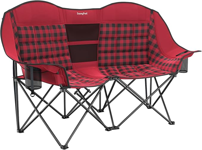 SUNNYFEEL Double Camping Chair Oversized Loveseat for Adults | 600LBS Heavy Duty Padded Camping Couch with Cup Holder, Storage Pockets & Carry Bag for Patio RV/ Lawn/ Backyard
