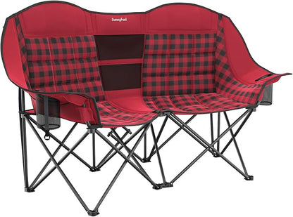 SUNNYFEEL Double Camping Chair Oversized Loveseat for Adults | 600LBS Heavy Duty Padded Camping Couch with Cup Holder, Storage Pockets & Carry Bag for Patio RV/ Lawn/ Backyard