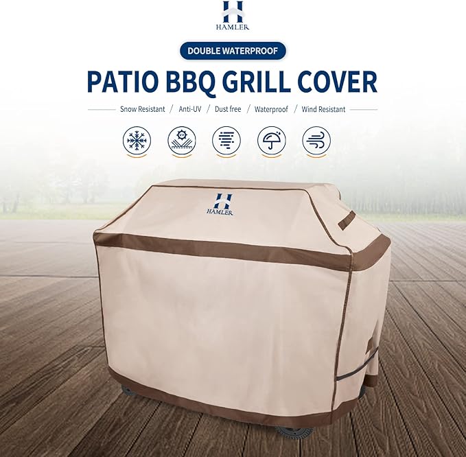 HAMLER Grill Cover 64 Inch, Heavy Duty Waterproof BBQ Covers, Gas Grill Covers Fits Weber Spirit, Weber Genesis, Char-Broil,Nexgrill, Brinkmann, Brown & Beige