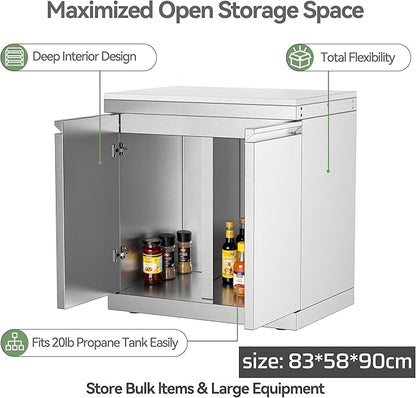 Black Stainless Steel Outdoor Double Door Empty Cabinet, Black Galaxy Granite Countertop, Storage Module for Grill Island, Patio BBQ Station, No Shelves