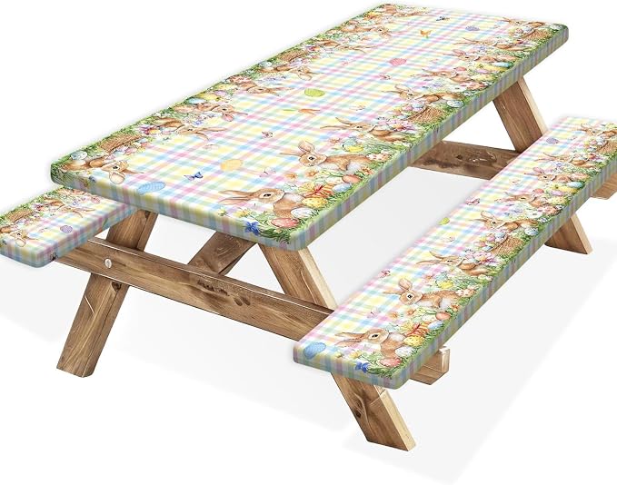 Easter Picnic Table Cover with Bench Covers, Camping Essentials, Easter Buffalo Plaid Bunny Eggs Flowers Outdoor Table Covers, Waterproof, Fitted Tablecloth Cover with Elastic Edge, 3 PCS, 30x60 Inch