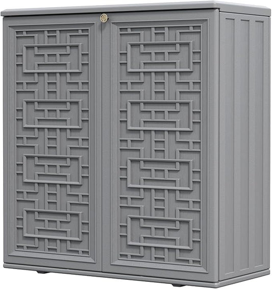 HOMSPARK Indoor/Outdoor Storage Cabinet with Doors and Shelf, 34”x15”x36” HDPE Plastic Storage Box Waterproof for Patio, Garden, Balcony, Multi-Purpose for Daily Tools, Grey