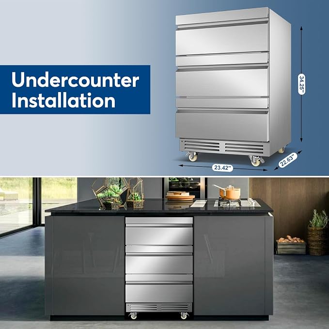 24" Stainless Steel Undercounter Beverage Fridge, 3-Drawer with Wheels | Waterproof design, Adjustable temperature, for home bar garage patio, Digital thermostat, Built-in or freestanding