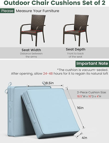 Outdoor Chair Cushion 18.5 x 16 x 4 Inches Patio Furniture Outdoor Waterproof Seat Cushion, Patio Chair Cushion with Handles and Ties, Square Dining Chair Cushion Set of 2, Sky Blue