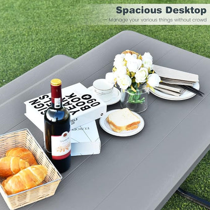 Picnic Table, Outdoor Dining Table with 2 Benches, Wood Grain Tabletop, Heavy Duty Metal Frame, Portable Picnic Table for Outdoors Backyard Garden Lawn Patio Poolside Deck (Grey)