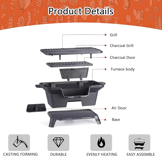 Cast Iron Hibachi Grill, Portable Charcoal Hibachi Grills with Double-Sided Grill Grate, 100% Cast Iron, Compact Camping Charcoal Cooker for Tailgating, Picnics & Hunting (Rectangle)