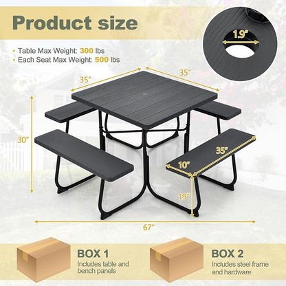 Tangkula 8 Person Picnic Table, Outdoor Square Picnic Table with 4 Built-in Benches, Umbrella Hole, Metal Frame & HDPE Tabletop, Outside Table and Bench Set for Backyard, 2300lbs Weight Capacity