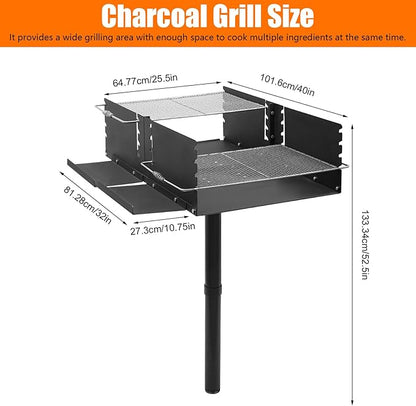 Large Park Style Charcoal Gril 40 x 25.5 x 52.5 Inch, Single Post Outdoor Grill, Heavy Duty Steel BBQ Charcoal Grill with Nets, Camp Grilling Barbecues for Parties, Backyard, Park