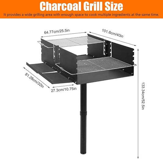 Large Park Style Charcoal Gril 40 x 25.5 x 52.5 Inch, Single Post Outdoor Grill, Heavy Duty Steel BBQ Charcoal Grill with Nets, Camp Grilling Barbecues for Parties, Backyard, Park