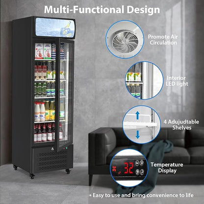 13.4 Cu.Ft Commercial Display Refrigerator,Glass Door Beverage Cooler with Adjustable Shelves,LED Lighting & Advertising Panel, Mobile Design