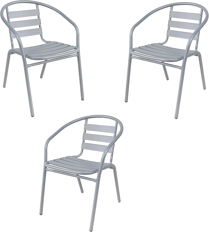 BTEXPERT Indoor Outdoor 23.75" Restaurant Stainless Steel Aluminum + 3 Silver Gray Metal Slat Stack Commercial Lightweight, 3 Chairs with a Square Table