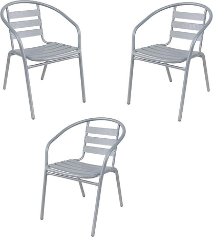 BTEXPERT Indoor Outdoor 23.75" Restaurant Stainless Steel Aluminum + 3 Silver Gray Metal Slat Stack Commercial Lightweight, 3 Chairs with a Square Table