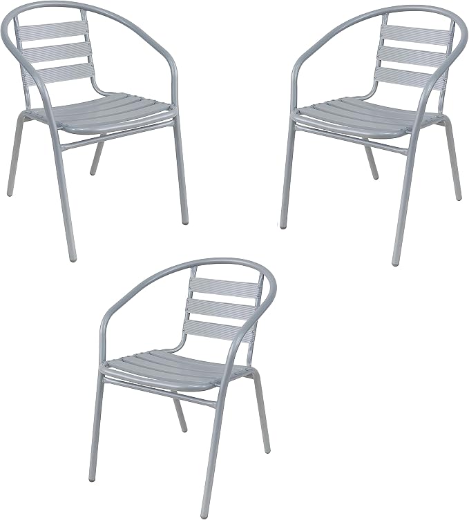 Indoor Outdoor Set of 3 Silver Gray Restaurant Metal Aluminum Slat Stack Chairs Lightweight