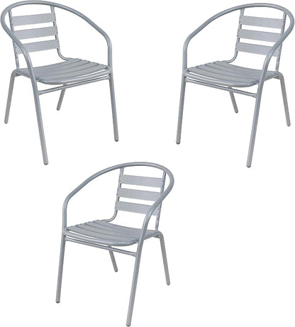 Indoor Outdoor Set of 3 Silver Gray Restaurant Metal Aluminum Slat Stack Chairs Lightweight