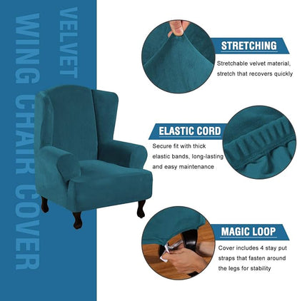 H.VERSAILTEX Wingback Chair Covers Velvet Plush Wing Chair Slipcover 1 Piece High Stretch Wing Back Chair Slipcovers Sofa Cover Furniture Cover with Elastic Bottom, Deep Teal