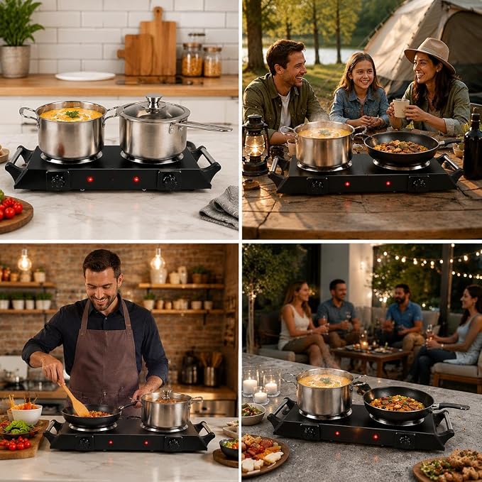 2000W Portable Electric Double Burner Hot Plate, Countertop Coil Heating Stove with 5 Temperature Control & Carry Handles for Home Kitchen RV Camping Use (black)