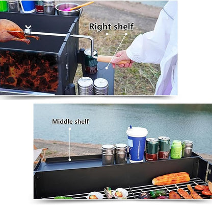 Charcoal Grills Portable Foldable Metal BBQ Grill with Foldable Storage Shelf Adjustable Temp Holds 150KG Camping Barbecue Grill for Garden Backyard Party Picnic Travel Outdoor Cooking Bla