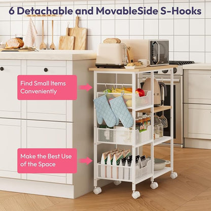 SWTYMIKI Kitchen Island Cart on Wheels - 28.35x14.57in Rolling Kitchen Table Cart with Storage Shelves, 6 Removable Hooks& Locking Casters, Coffee Bar Cabinet for Dining Room Pantry Office, White