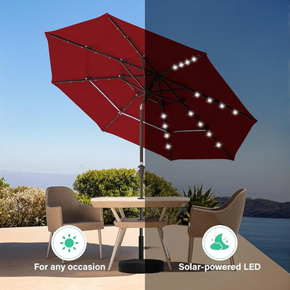 JEAREY 9 ft 3-Tier Outdoor LED Lighted Patio Umbrella w/Crank, Red | Solar Market Table Umbrella with 8 Sturdy Ribs, UV Protection Waterproof Sunproof for Garden, Deck and Backyard