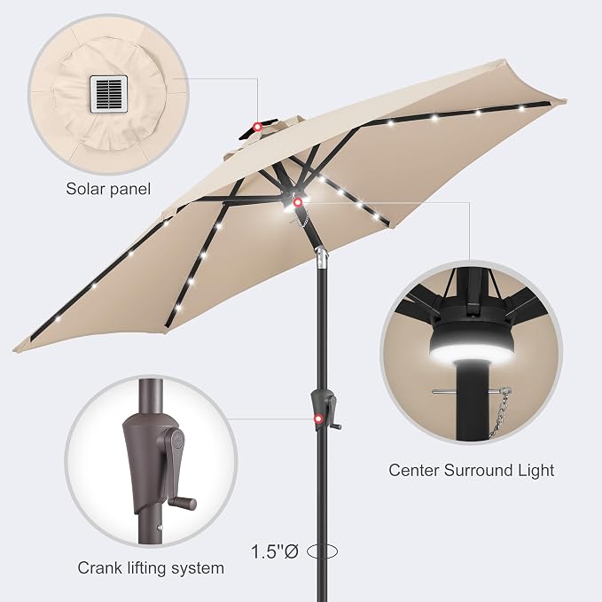 Solar Patio Umbrella with Centre Light, 7.5 ft Beige | 24 LED Lights, UV Protection, Small Solar Outdoor Umbrella for Porch, Deck, Pool, Table, Garden, Provides Evening Lighting
