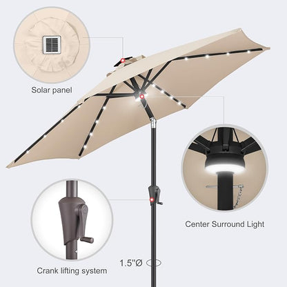 Solar Patio Umbrella with Centre Light, 7.5 ft Beige | 24 LED Lights, UV Protection, Small Solar Outdoor Umbrella for Porch, Deck, Pool, Table, Garden, Provides Evening Lighting
