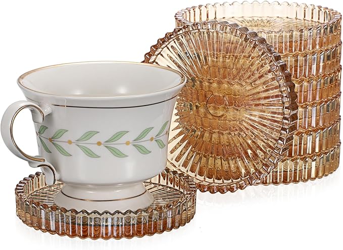 Modern Clear Glass Coaster Set of 8- Coffee Table Coasters, Crystal Coaster, Round Cup Mats, Coasters for Office, Kitchen, Bar, Dining Room, Living Room, Patio(Amber)