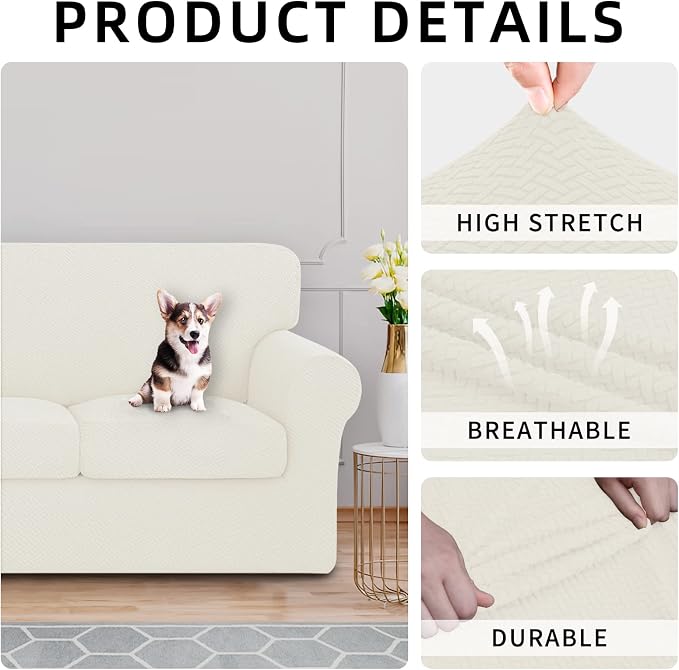 ISSUNTEX 2 Pieces High Stretch Thicken Chair Couch Covers, Soft Sofa Slipcover for 1 Separate Cushion Couch, Jacquard Fabric Elastic Sofa Cover Furniture Protector for Dogs (Chair, Ivory)
