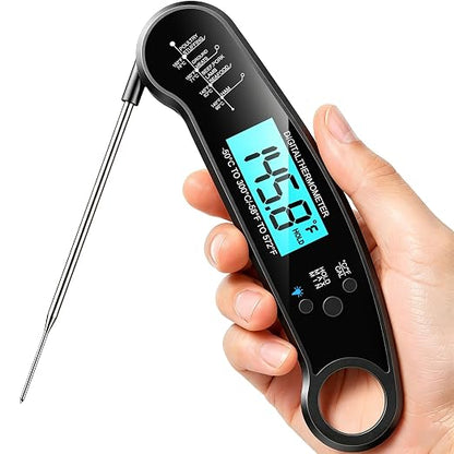Instant Read Meat Thermometer Digital, 1-2 Sec, Cooking, Food, BBQ | Fast Response, Waterproof, Backlit Display for Grilling, Air Fryer, Smoker, Kitchen Gadgets, Gift for Dad Men, Black