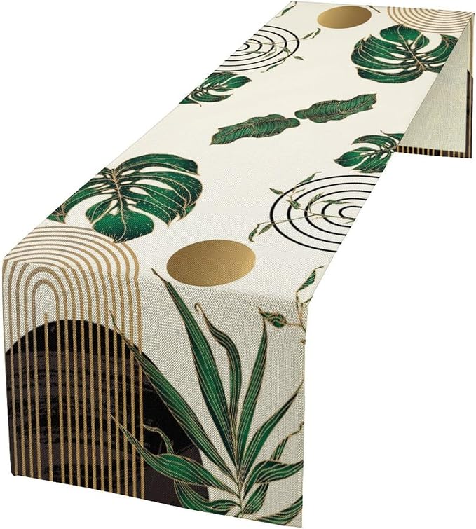 Abstract Emerald Green Table Runner Retro Boho Tropical Leaves Sun Geometric Arch Minimalisted Modern Seasonal Dinner Runner for Farmhouse Home Kitchen Holiday Party Decor 13x90in