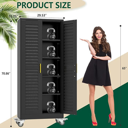 winiowa 71" Tall Metal Garage Storage Cabinet with Wheels, Steel Locking Rolling Tool Cabinet with 4 Adjustable Shelves for Garage,Home,Office (Black)