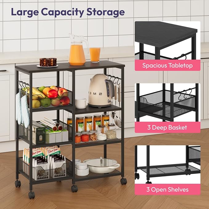 SWTYMIKI Kitchen Island Cart on Wheels - 4 Tier Rolling Kitchen Table Cart with Storage Shelves, 6 Removable Hooks& Locking Casters, Coffee Bar Cabinet for Dining Room Pantry Office, Black