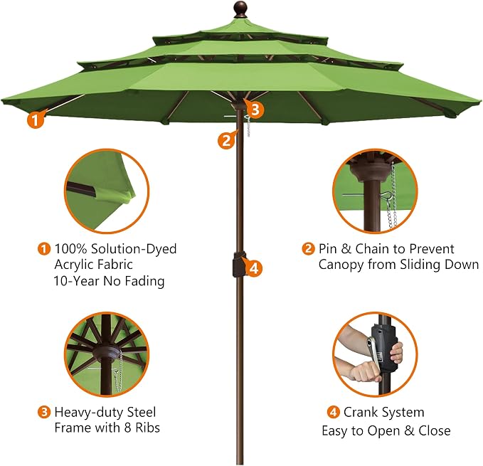 EliteShade USA 10-Year-Non-Fading 10ft 3-Tier Market Patio Umbrella, Commercial Grade Outdoor Table Umbrella with Crank Open, Windproof & UPF 50+ UV Protection, Heavy Duty Ventilation for Garden, Deck, Pool, Backyard, Beach & Bistro, No Tilt, Ginkgo