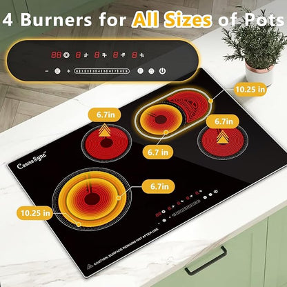 30 Inch Electric Cooktop, 4 Burner Built-In Radiant Ceramic Stove Top | 30 inch built-in radiant ceramic cooktop, 4 burners, 220-240V hardwired, touch control, flat-bottom cookware.