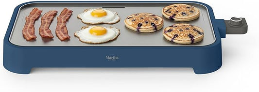 Martha Stewart 12” x 22” Electric Griddle, XL Ceramic Nonstick Flat Top Cooking Surface, Adjustable Temperature Dial, Drip Tray, Dishwasher Safe, 1500W Fast Even Heating, Pancakes & Eggs, Indigo Blue