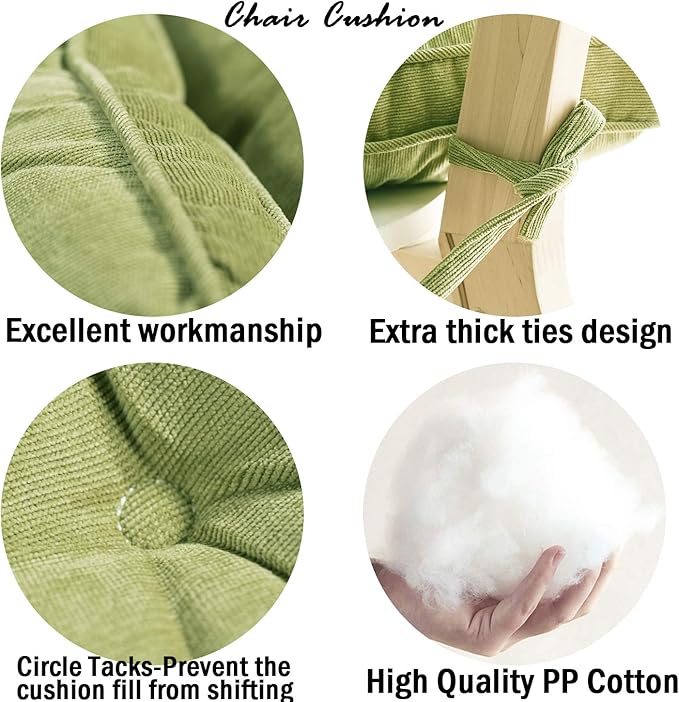 Tiita Chair Pads for Dining Chairs, Seat Cushions with Ties 18x18 Inches, Square Pillows Pad Set of 2 for Kitchen, Green