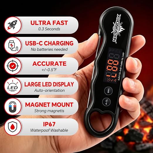 0.3s Fast Read Meat Thermometer – USB-C Rechargeable,Black | Digital instant read for BBQ, baking, and candy –no batteries needed