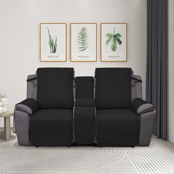 PureFit Water Resistant Reversible Loveseat Recliner Cover - Non Slip Furniture Protector for 2 Seat Recliner, Black/Beige | Double with Console, Non Slip Split Sofa Cover, Washable Reclining Cover, Black/Beige